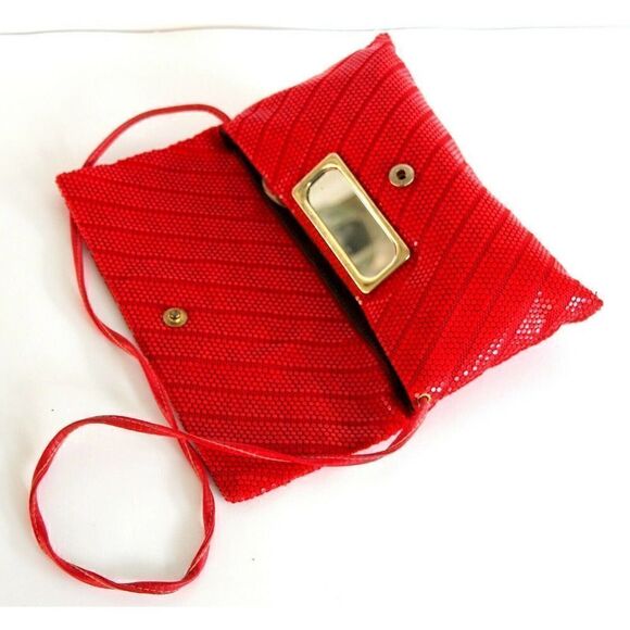 VTG RED MESH GENUINE LEATHER STRAP FLAP MIRROR INSIDE SHOULDER BAG PURSE CLUTCH - Picture 6 of 9